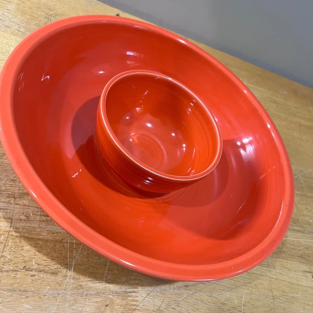 Fiesta Poppy Orange Chip and Dip Bowl Set HLC USA Mid Century Modern Serving 2pc